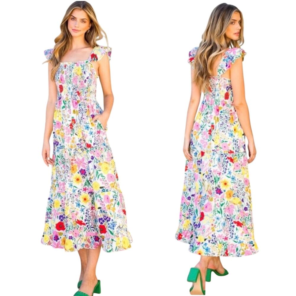 THML Women’s marigold/yellow floral dress, smocked bodice, pockets, ruffle, L - Picture 2 of 7